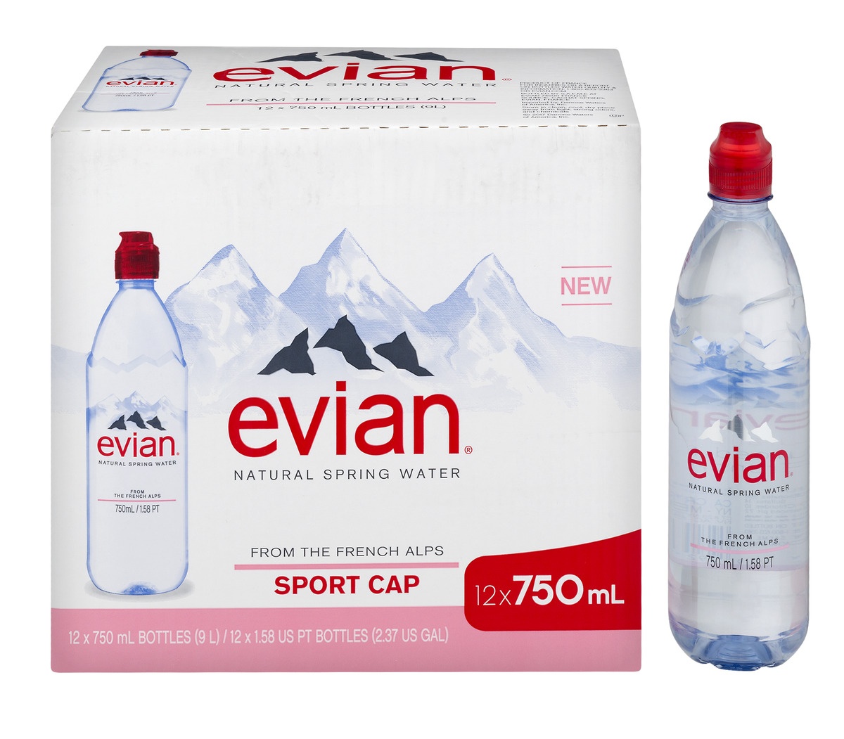 slide 1 of 1, Evian Sport Cap Natural Spring Water 12Pk, 750 ml