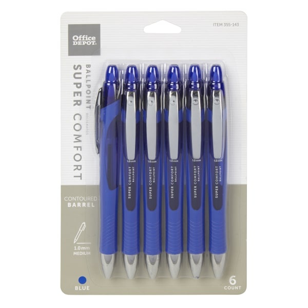 slide 1 of 2, Office Depot Retractable Ballpoint Pens with Grip, Medium Point, 1.0 mm, Blue Barrel, Blue Ink, 6 ct