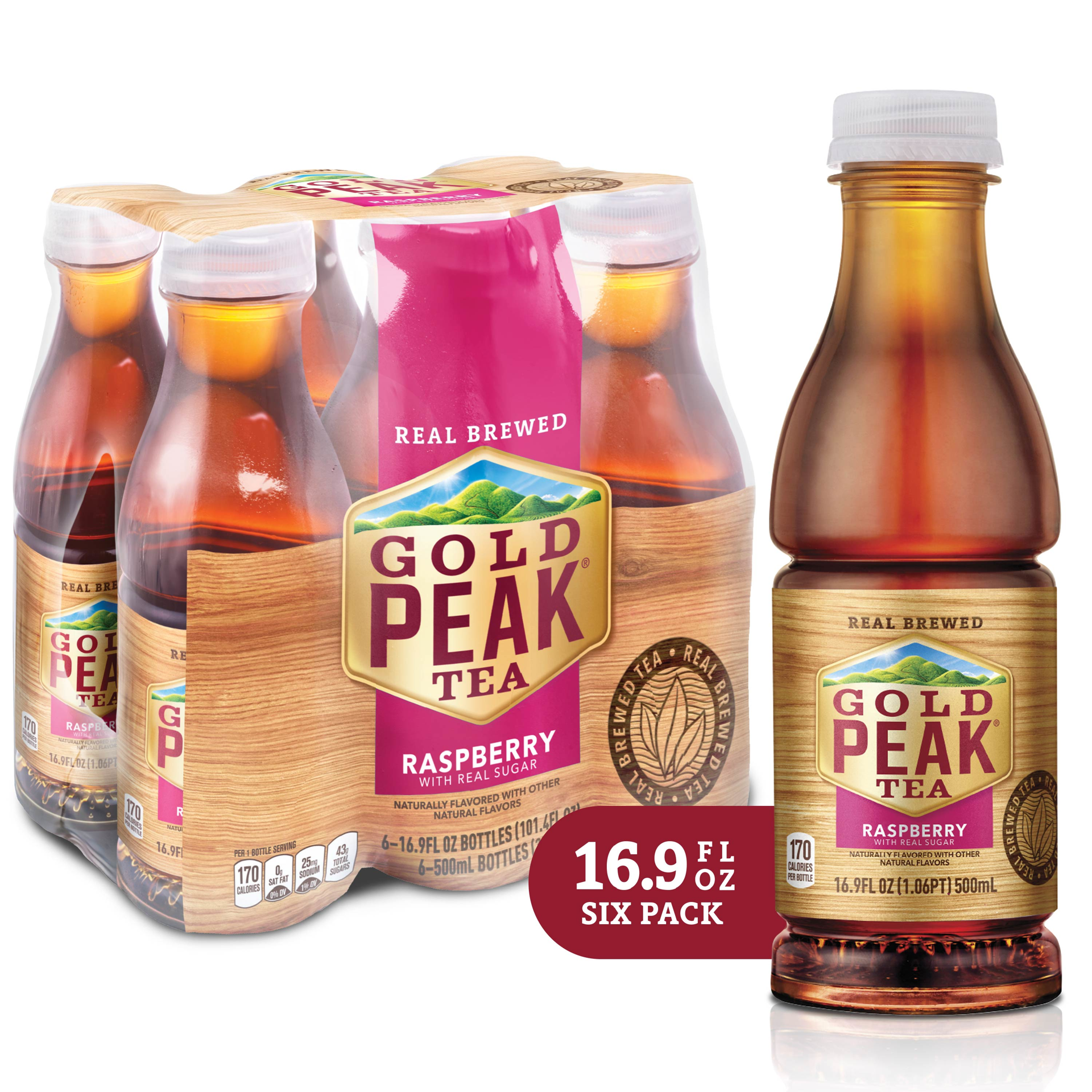 slide 1 of 14, Gold Peak Raspberry Flavored Iced Tea Drink, 16.9 fl oz, 6 Pack, 101.40 fl oz