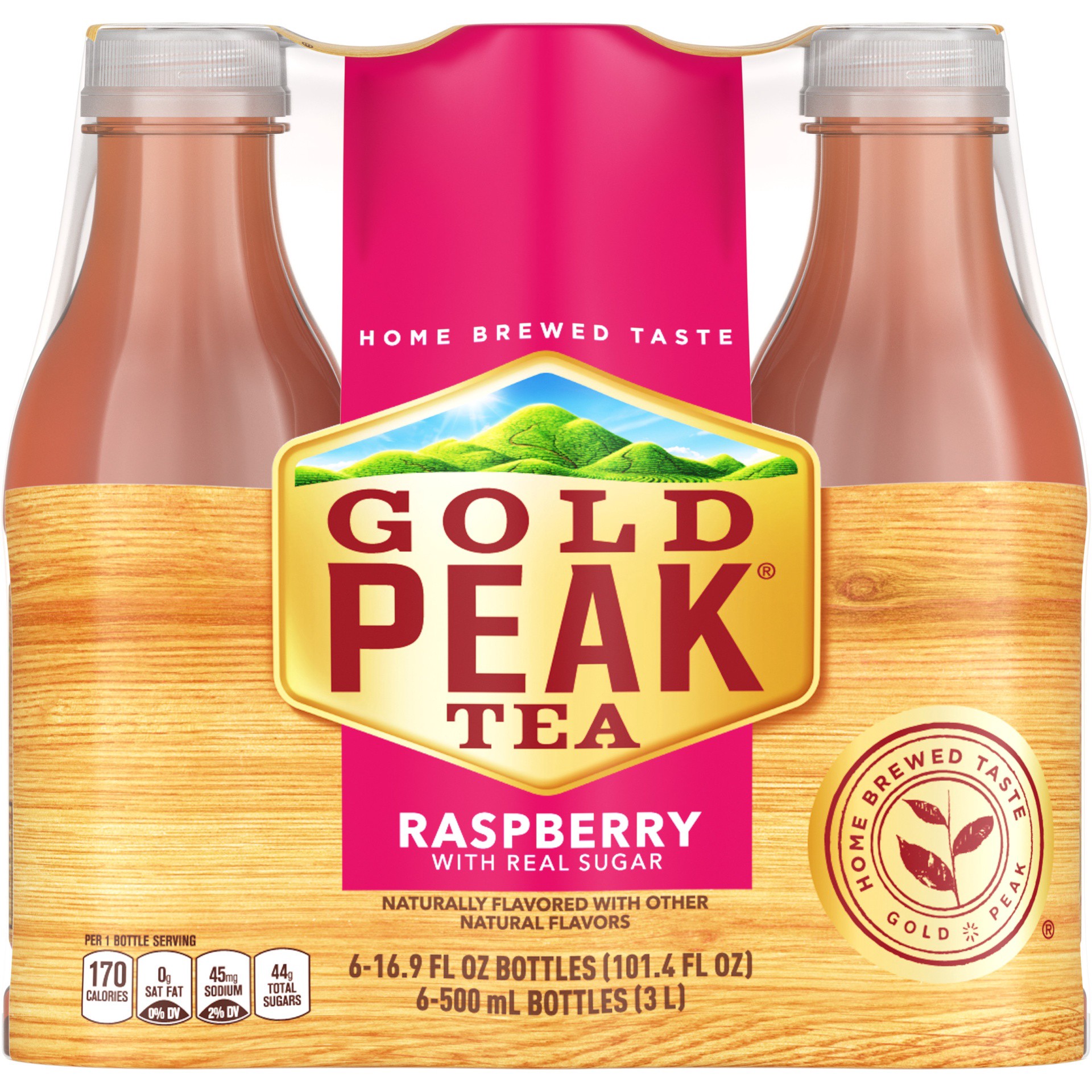 slide 6 of 14, Gold Peak Raspberry Flavored Iced Tea Drink, 16.9 fl oz, 6 Pack, 101.40 fl oz