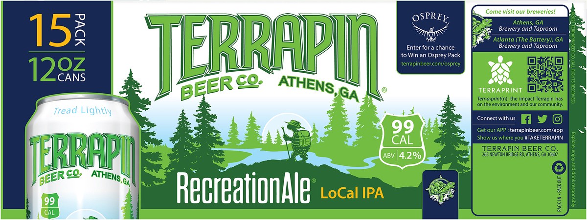 slide 6 of 9, Terrapin RecreationAle LoCal IPA Craft Beer, 4.2% ABV, 15 pack, 12-oz beer cans, 12 fl oz