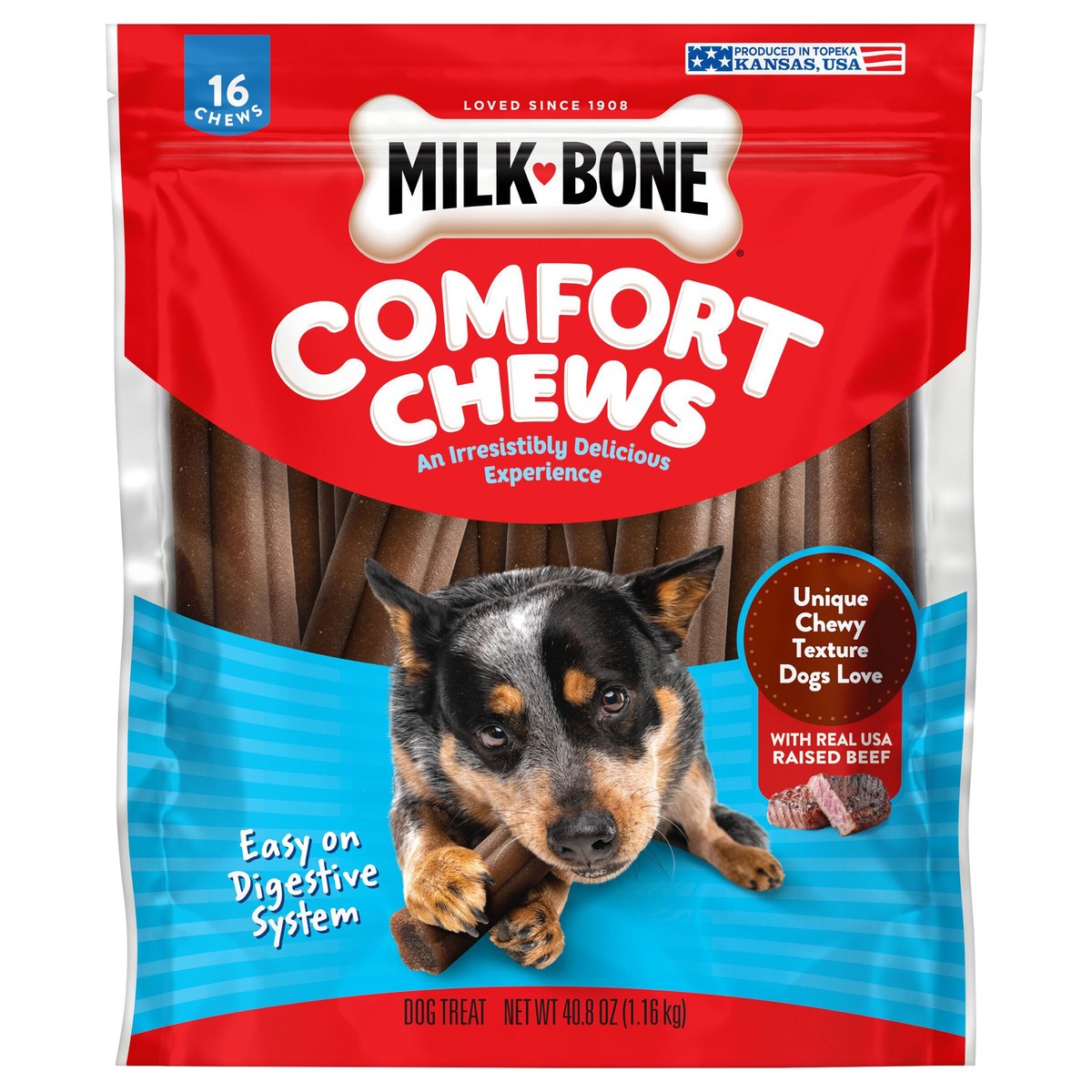 slide 1 of 13, Milk-Bone Comfort Chews, Dog Chews with Unique Chewy Texture and Real Beef, 40.8 Oz. Bag of 16 Chews, 40.8 oz