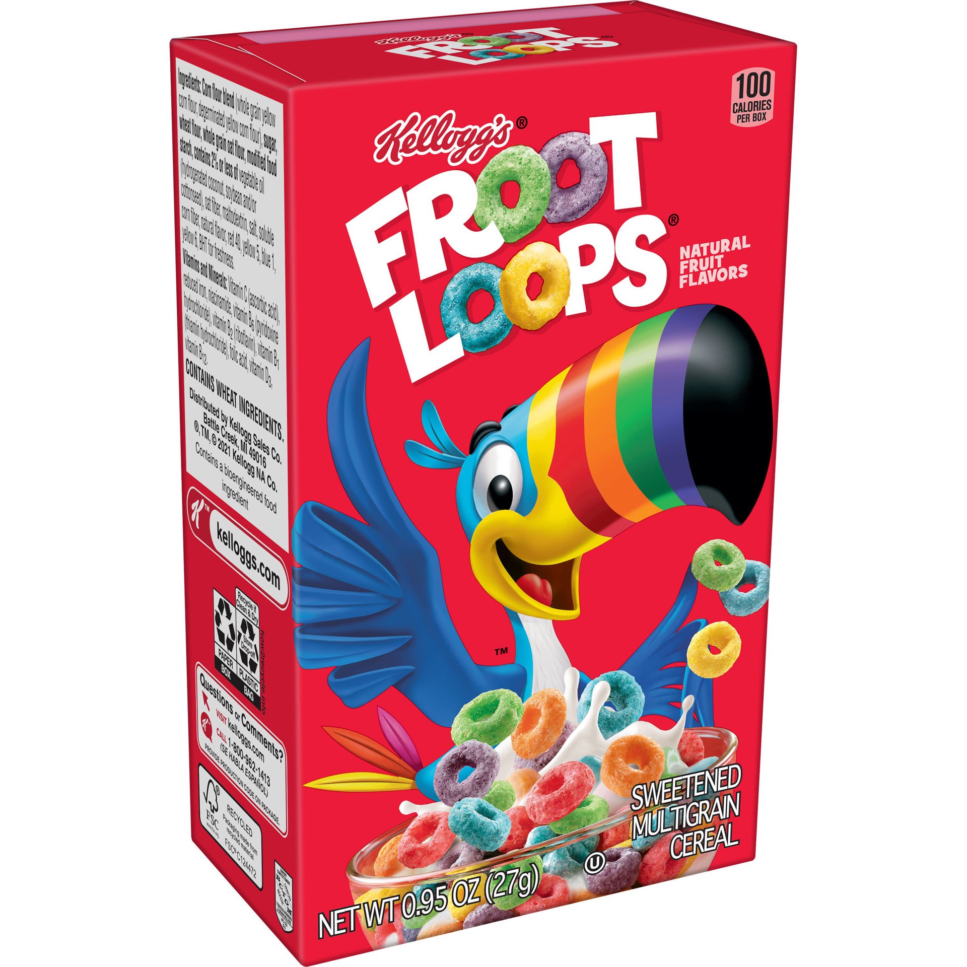 slide 1 of 5, Froot Loops Kellogg's Froot Loops Breakfast Cereal, Fruit Flavored, Breakfast Snacks with Vitamin C, Original, 0.95oz Box, 1 Box, .95 oz