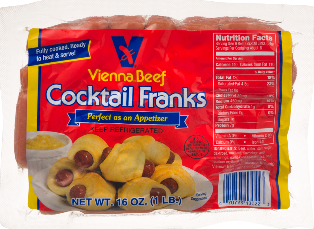 slide 3 of 3, Vienna Beef Cocktail Franks, 16 oz