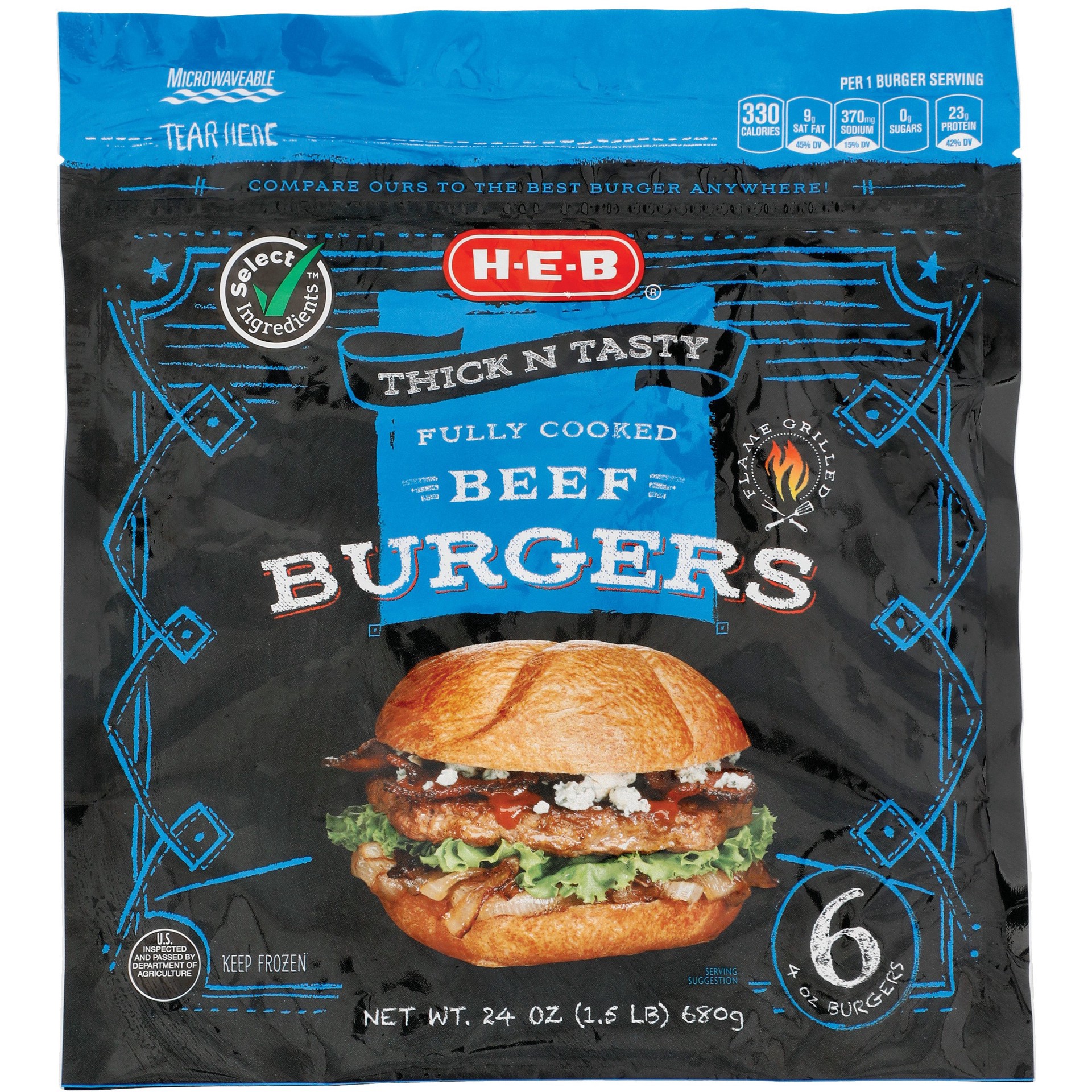 slide 1 of 1, H-E-B Fully Cooked Frozen Beef Burgers, 6 ct