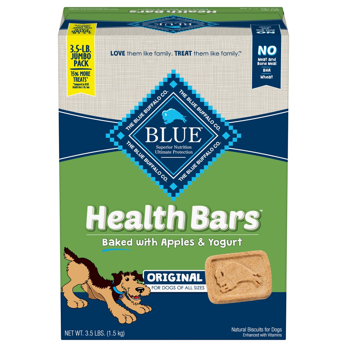 slide 1 of 9, Blue Buffalo Health Bars Natural Crunchy Dog Treats Biscuits, Apple & Yogurt 56-oz box, 56 oz