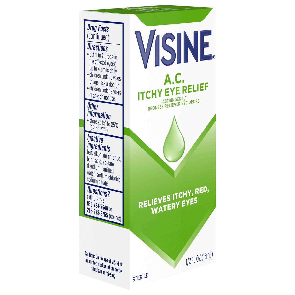 slide 2 of 7, Visine A.C. Itchy Eye Relief Eye Drops with Astringent Zinc Sulfate & Redness Reliever Tetrahydrozoline HCl for Relief of Red, Itchy, Watery Eyes, Sterile Eye Drops 0.5 fl. oz, 0.50 fl oz