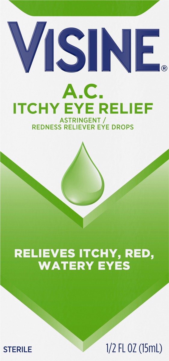 slide 3 of 7, Visine A.C. Itchy Eye Relief Eye Drops with Astringent Zinc Sulfate & Redness Reliever Tetrahydrozoline HCl for Relief of Red, Itchy, Watery Eyes, Sterile Eye Drops 0.5 fl. oz, 0.50 fl oz