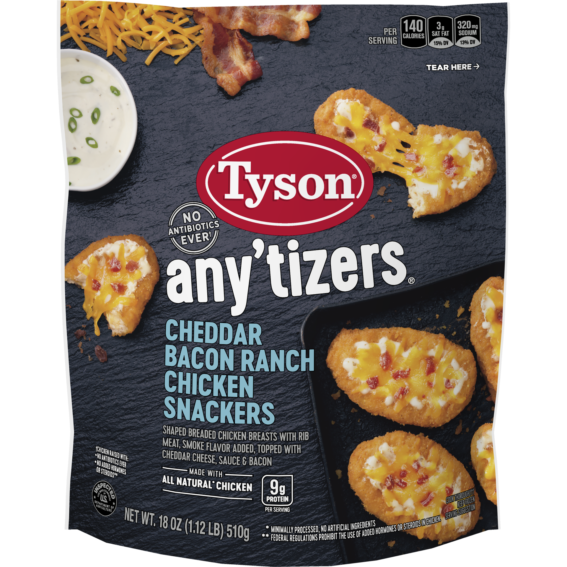 slide 1 of 9, TYSON ANYTIZERS Tyson Any'tizers Cheddar Bacon Ranch Chicken Snackers, 18 oz., 510.29 g