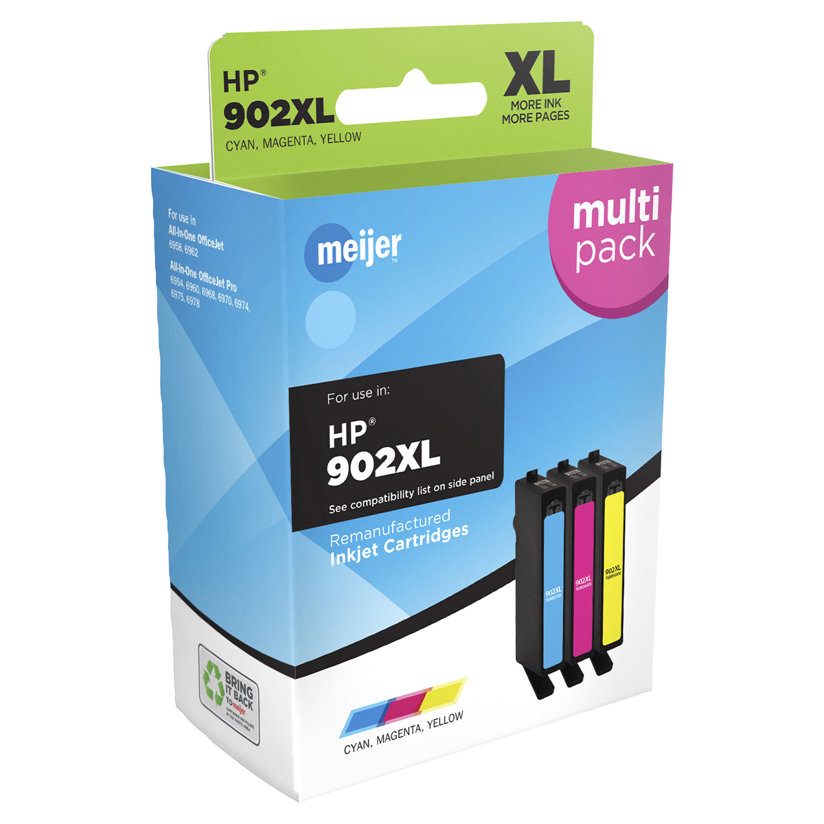 slide 1 of 1, MEIJER BRAND INK REMANUFACTURED REPLACEMENT FOR HP 902XL Ink Cyan, Magenta, Yellow Multi-Pack, 1 ct