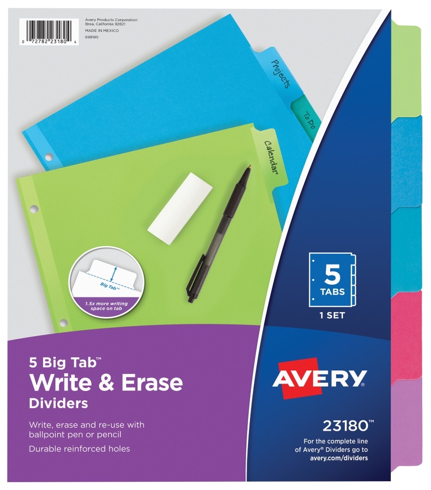 slide 1 of 1, Avery Advantages Big Tab Write-On Divider Multi-Color, 5 ct