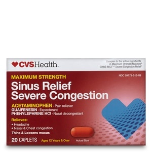 slide 1 of 1, CVS Health Maximum Strength Sinus Relief Severe Congestion Acentaminophen Caplets, 20 ct