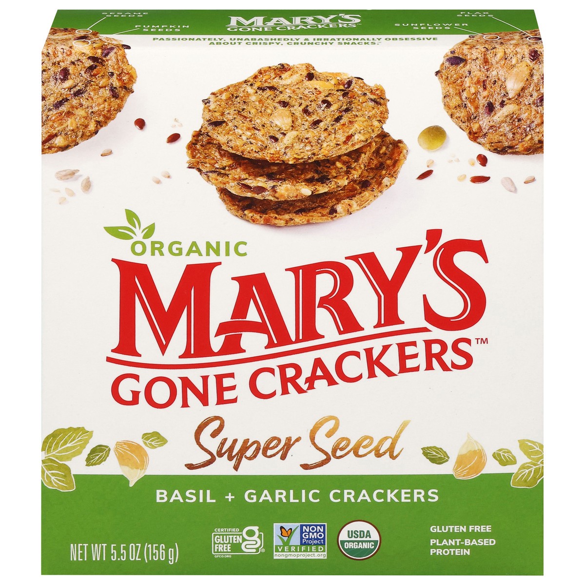 slide 1 of 9, Mary's Gone Crackers Crackers, Super Seed Basil and Garlic, Organic, Plant Based Protein, Gluten Free, 5.5 oz, 5.5 oz