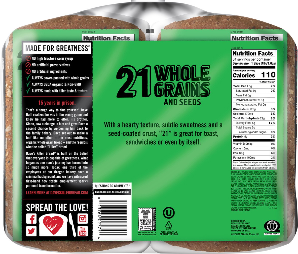 slide 9 of 12, Dave's Killer Bread 21 Whole Grains and Seeds, Whole Grain Organic Bread, 2-27 oz Loaves, 2 ct