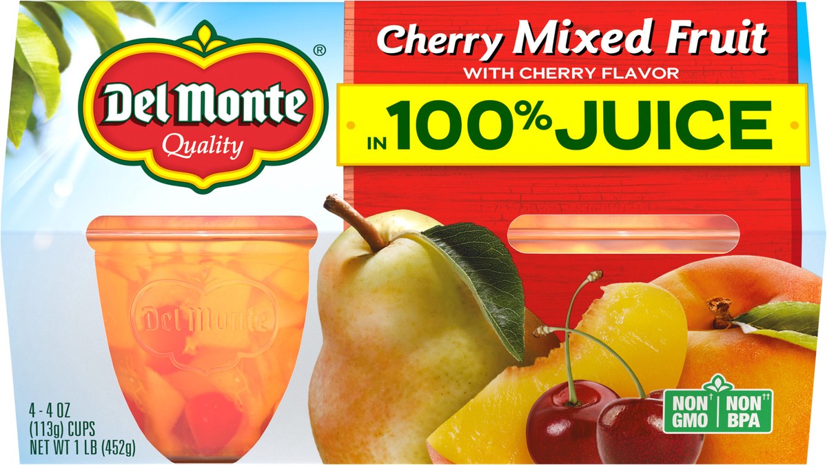 slide 6 of 12, Del Monte Cherry Flavored Mixed Fruit in 100% Juice Fruit Cup Snacks 4-4 oz. Cups, 4 ct