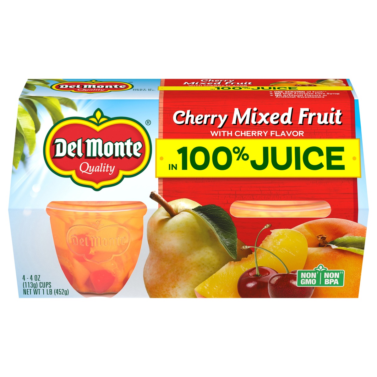 slide 1 of 4, Del Monte Cherry Flavored Mixed Fruit in 100% Juice Fruit Cup Snacks 4-4 oz. Cups, 4 ct; 4 oz