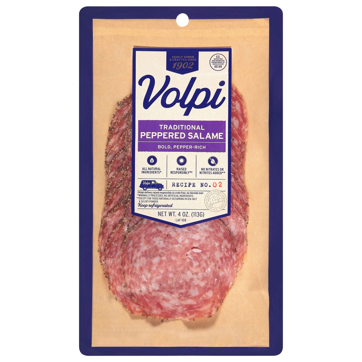 slide 1 of 9, Volpi Peppered Salame | Bold, Pepper-Rich 4oz, 4 oz