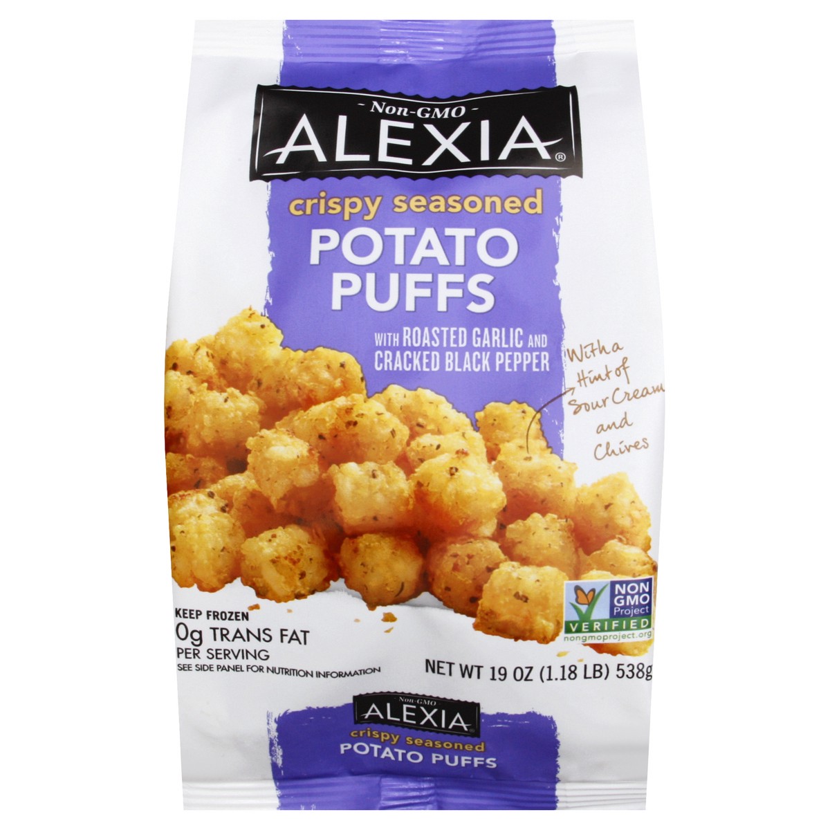 slide 4 of 8, Alexia Crispy Seasoned Potato Puffs With Roasted Garlic And Cracked Black Pepper, 19 oz