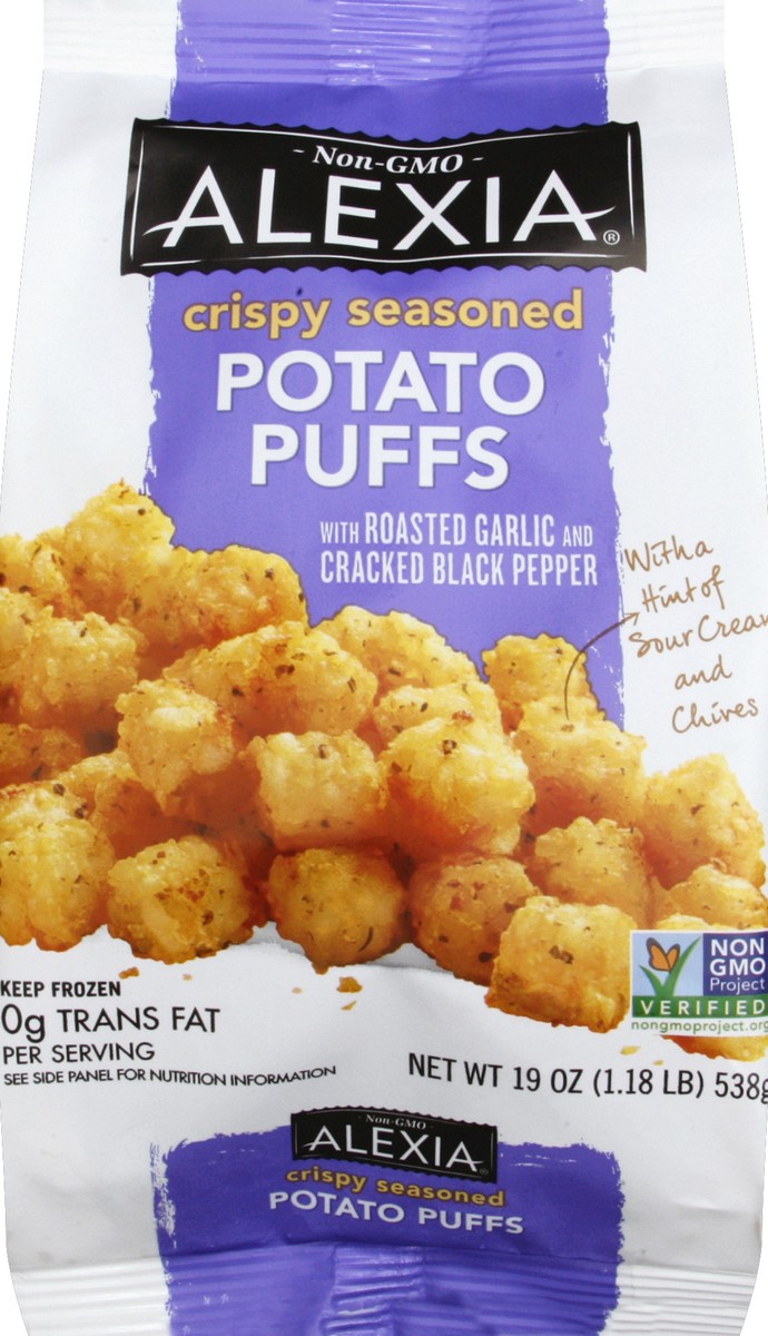 slide 1 of 8, Alexia Crispy Seasoned Potato Puffs With Roasted Garlic And Cracked Black Pepper, 19 oz