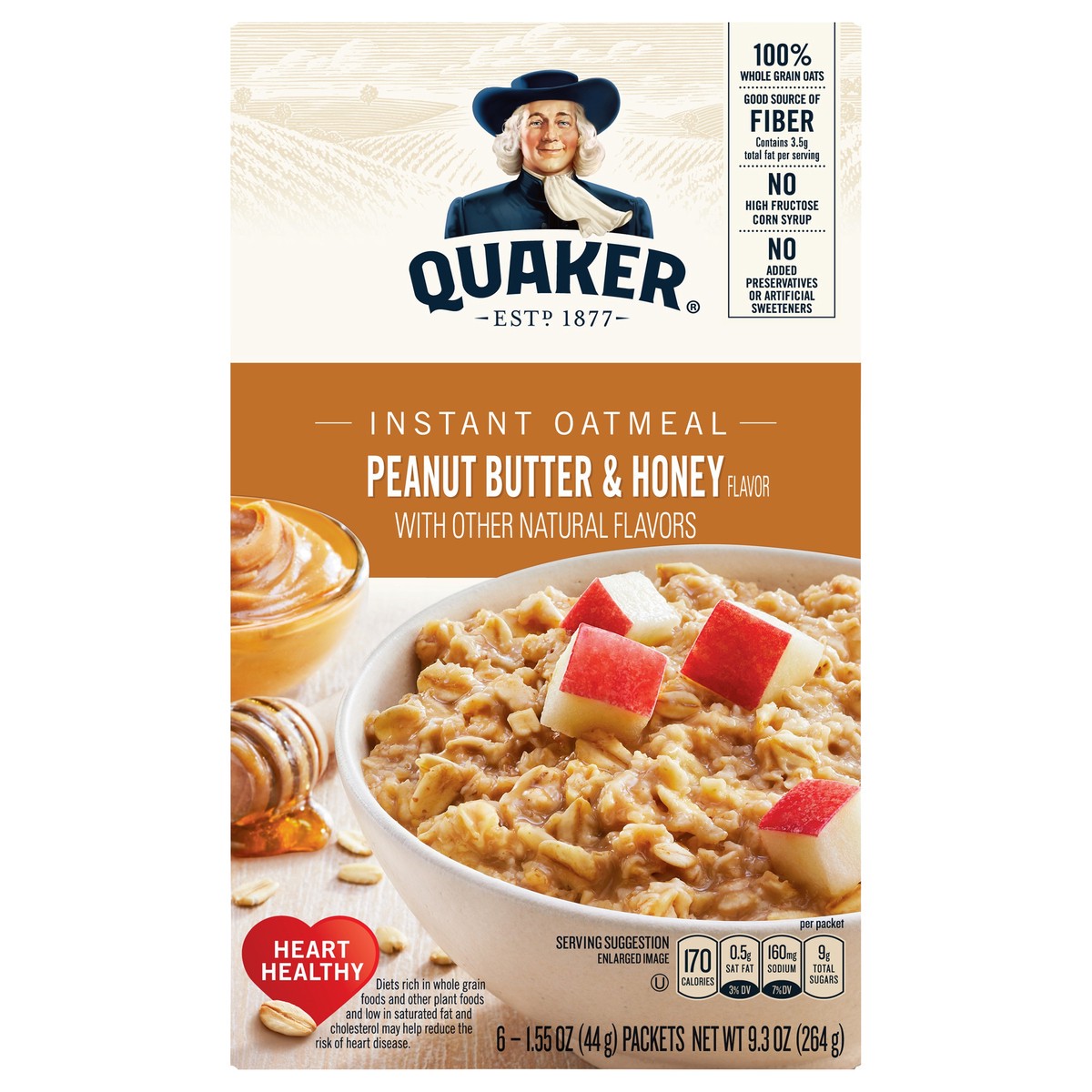 slide 1 of 6, Quaker Instant Oatmeal Peanut Butter Honey, 6 ct; 9.3 oz