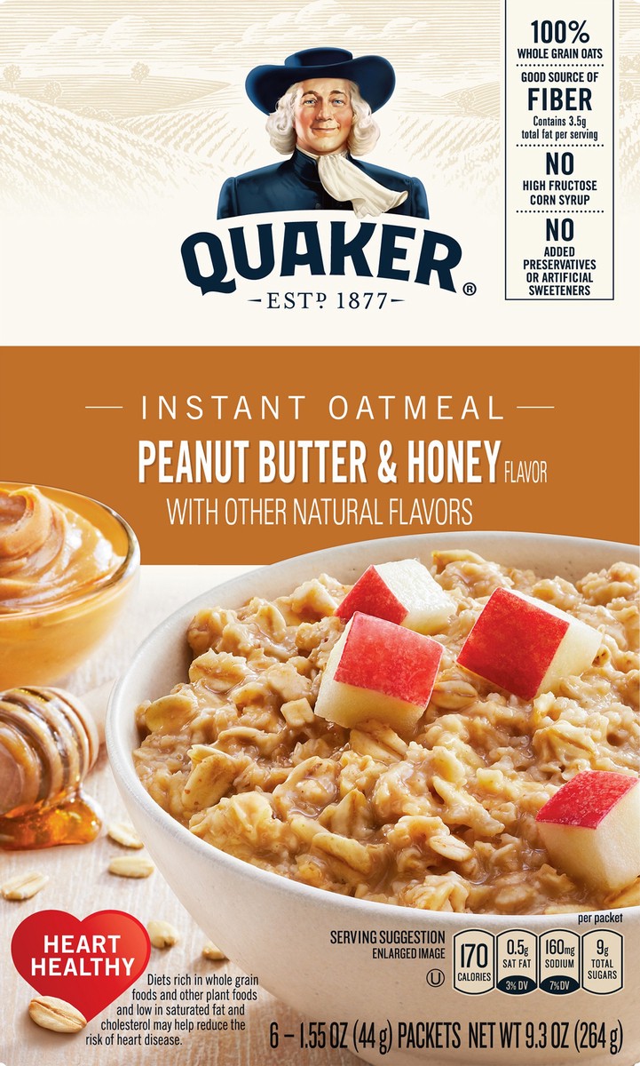 slide 2 of 6, Quaker Instant Oatmeal Peanut Butter Honey, 6 ct; 9.3 oz