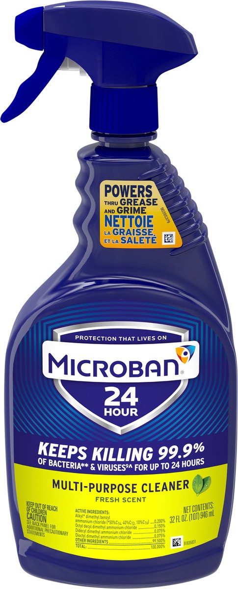 slide 3 of 3, Microban 24 Hour Multi-Purpose Cleaner and Disinfectant Spray, Fresh Scent, 32 fl oz, 32 oz