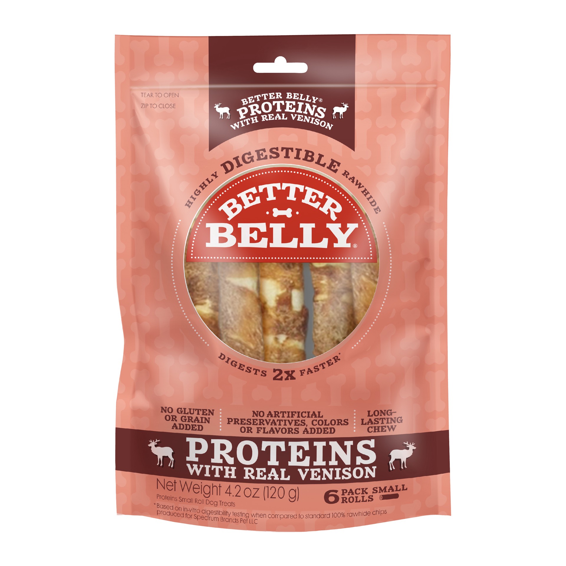 slide 1 of 10, Better Belly Proteins With Real Venison Small Rolls 6 Count, Digestible Rawhide For Dogs, 0.32 lb