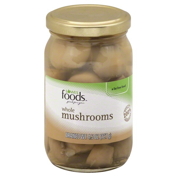 slide 1 of 1, Lowes Foods Whole Mushrooms In Jar, 4.5 oz