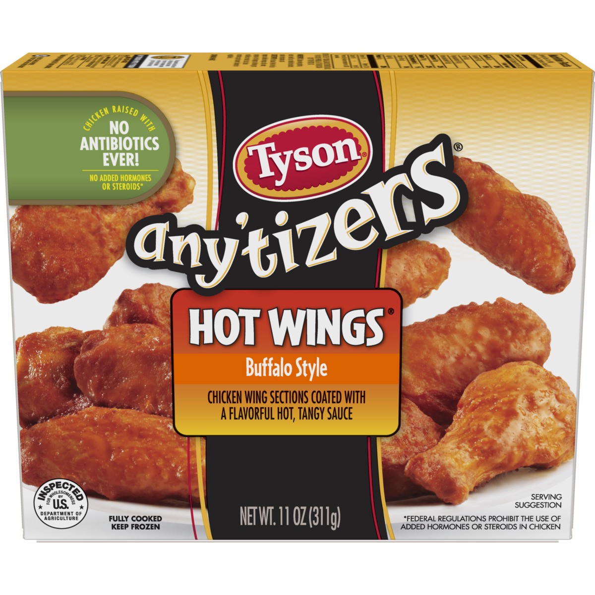 slide 2 of 13, TYSON ANYTIZERS Tyson Any'tizers Hot 'N Spicy Bone-In Chicken Wings, 11 oz. (Frozen), 311.84 g