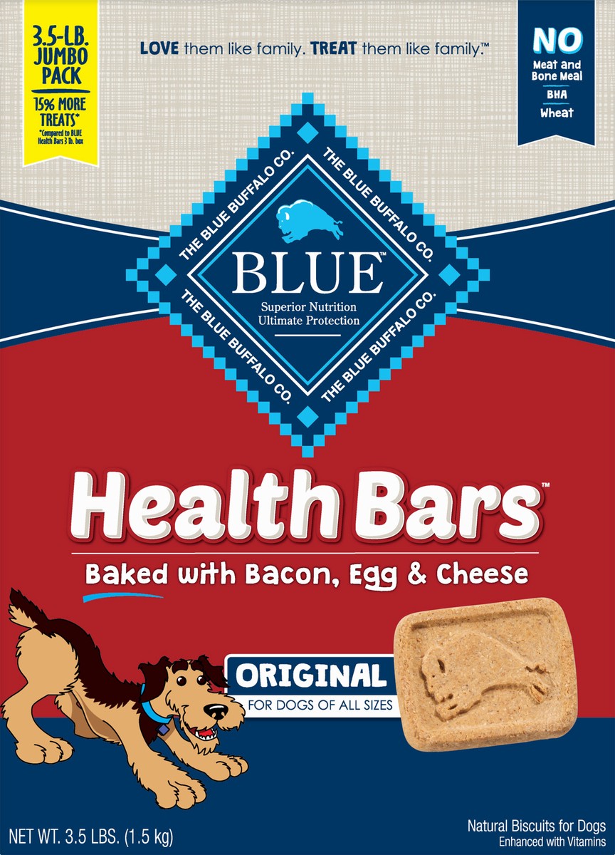 slide 2 of 9, Blue Buffalo Health Bars Natural Crunchy Dog Treats Biscuits, Bacon, Egg & Cheese 56-oz Box, 56 oz