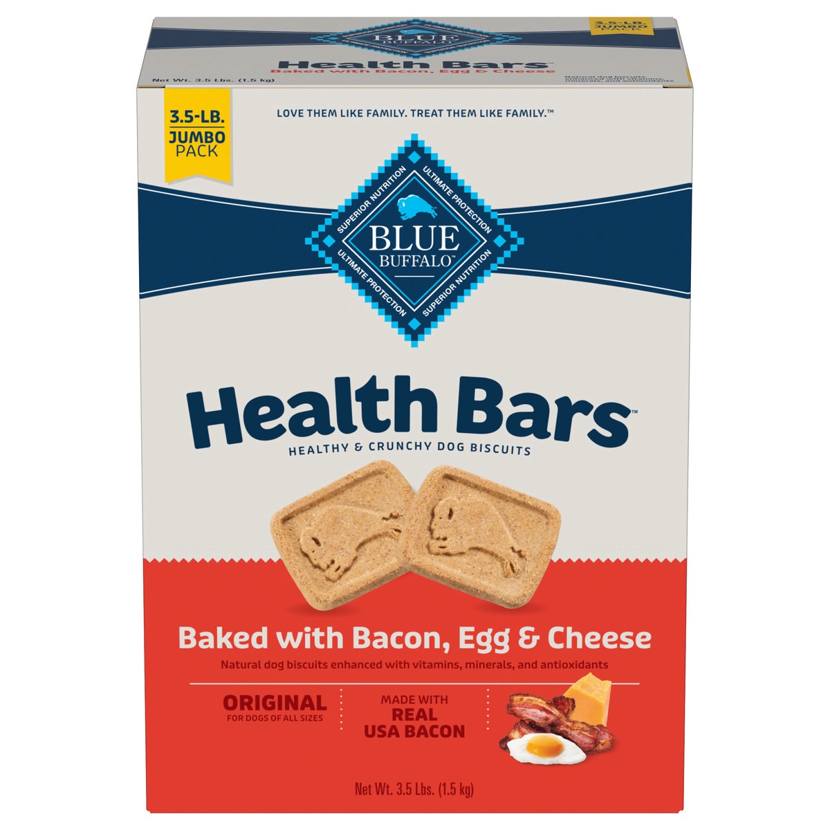 slide 1 of 9, Blue Buffalo Health Bars Natural Crunchy Dog Treats Biscuits, Bacon, Egg & Cheese 56-oz Box, 56 oz