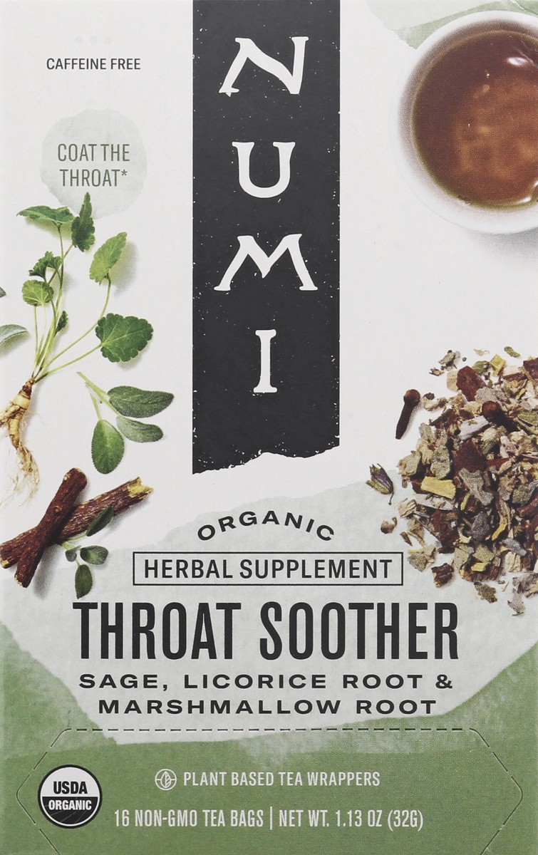 slide 6 of 9, Numi Bags Organic Throat Soother Herbal Tea 16 ea, 16 ct