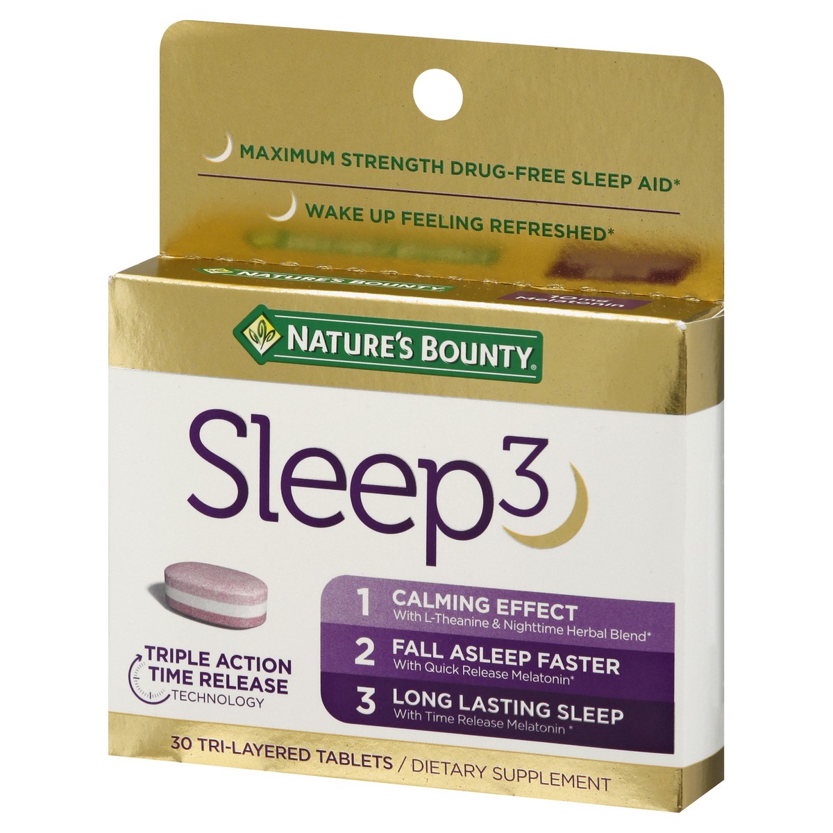 slide 3 of 9, Nature's Bounty Sleep3 Melatonin, Maximum Strength Drug Free Sleep Aid, Tri-Layered Tablets, 10 Mg, 30 Ct, 30 ct