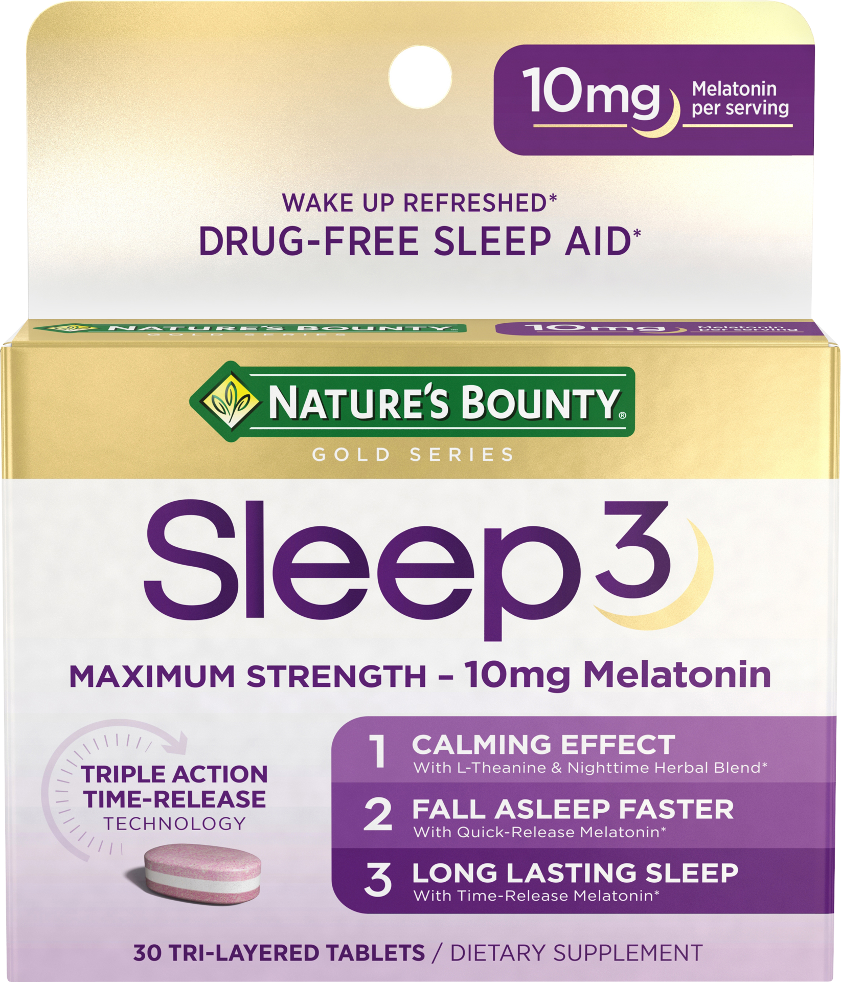 slide 1 of 9, Nature's Bounty Sleep3 Melatonin, Maximum Strength Drug Free Sleep Aid, Tri-Layered Tablets, 10 Mg, 30 Ct, 30 ct