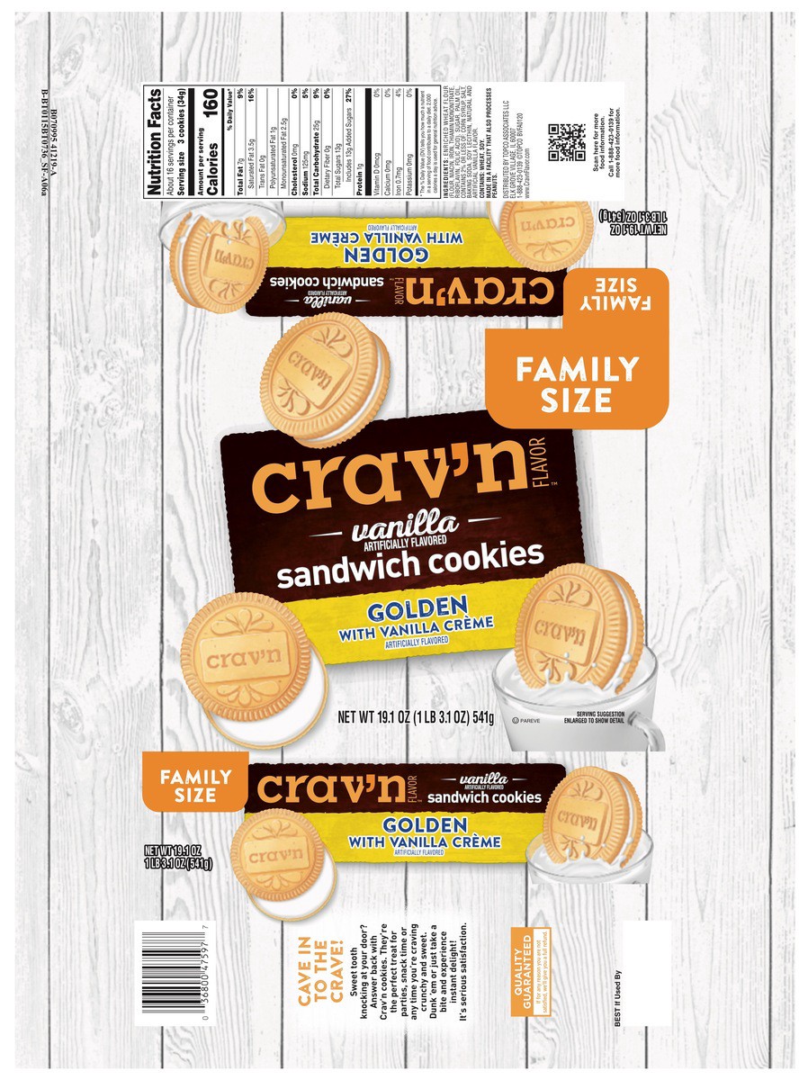 slide 5 of 14, Crav'n Flavor Golden With Vanilla Creme Vanilla Sandwich Cookies - 19.1 oz, 19.1 oz