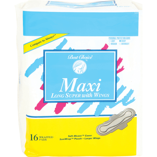 slide 1 of 1, Best Choice Maxi Pads Long Super With Wings, 16 ct