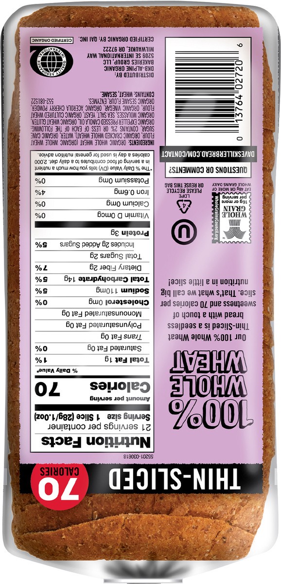 slide 7 of 13, Dave's Killer Bread Organic 100% Whole Wheat Thin-Sliced Bread 20.5 oz, 20.5 oz