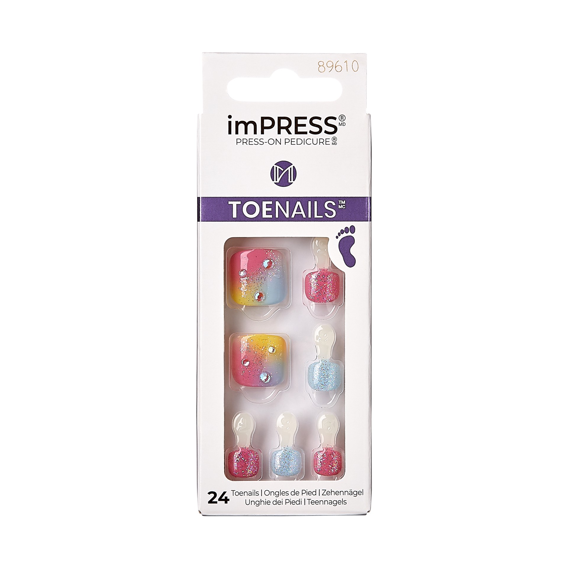 slide 1 of 5, imPRESS KISS imPRESS Press-On Toe Nails Glossy Pattern Multicolor, Short Size, Squoval Shape, 28 pc