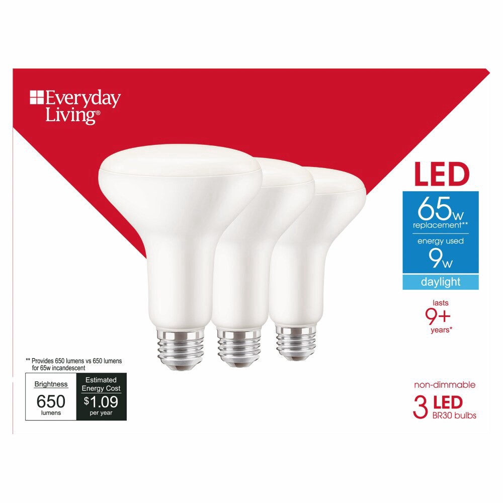 slide 2 of 3, Everyday Living 9-Watt (65-Watt) Br30 Indoor Led Floodlight Bulbs, 3 ct