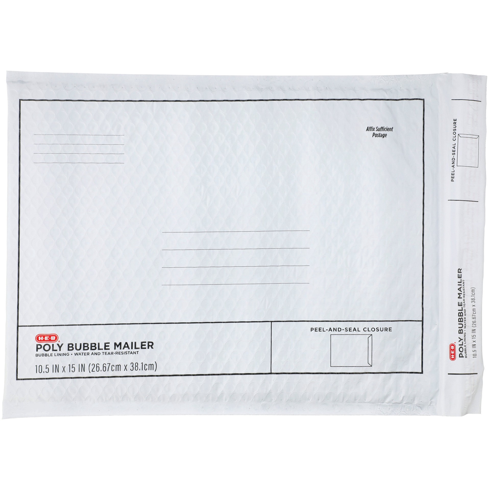 slide 1 of 1, H-E-B White Poly Bubble Mailer, 10.5 in x 15 in