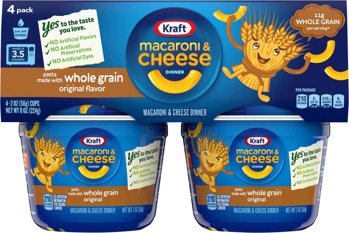 slide 10 of 13, Kraft Original Macaroni & Cheese Easy Microwavable Dinner with Whole Grain Pasta, 4 ct Pack, 2 oz Cups, 4 ct