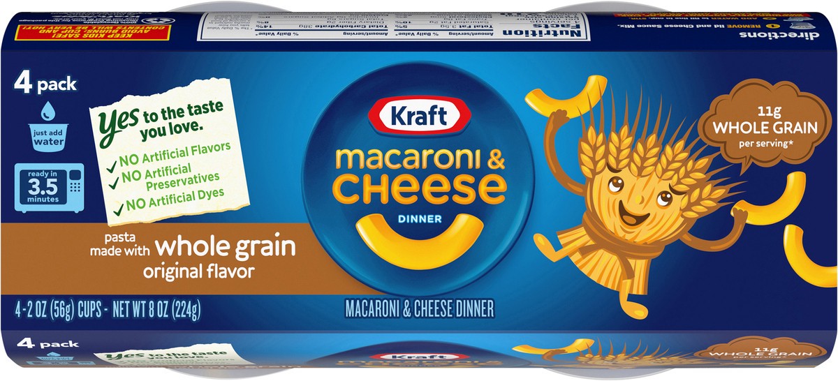 slide 11 of 13, Kraft Original Macaroni & Cheese Easy Microwavable Dinner with Whole Grain Pasta, 4 ct Pack, 2 oz Cups, 4 ct