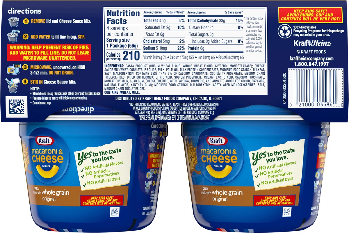 slide 4 of 13, Kraft Original Macaroni & Cheese Easy Microwavable Dinner with Whole Grain Pasta, 4 ct Pack, 2 oz Cups, 4 ct