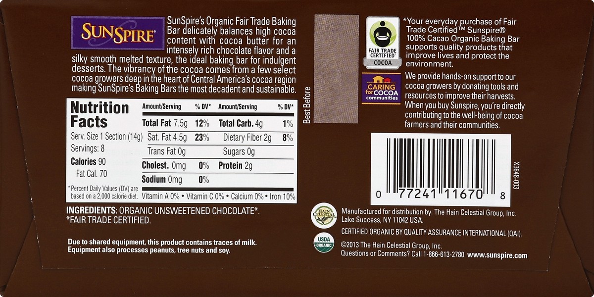 slide 6 of 6, SunSpire Organic Unsweetened Chocolate Baking Bar, 4 oz