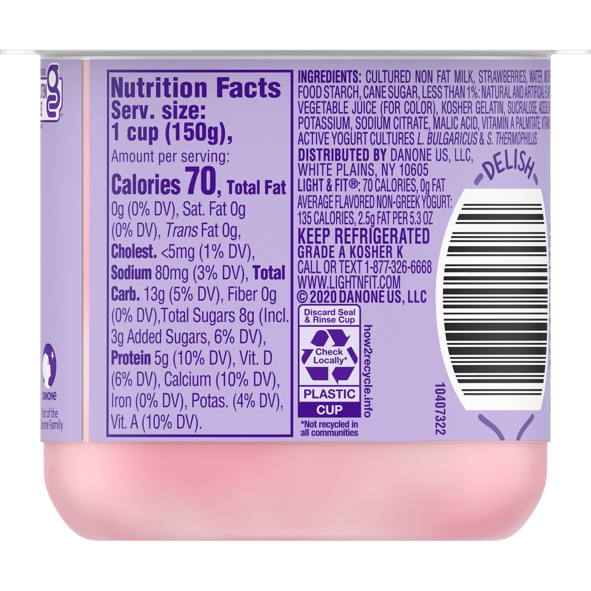 slide 7 of 7, Light + Fit Dannon Light + Fit Strawberry Original Nonfat Yogurt, 0 Fat and 70 Calories, Creamy and Delicious Strawberry Yogurt, 5.3 OZ Cup, 5.3 oz