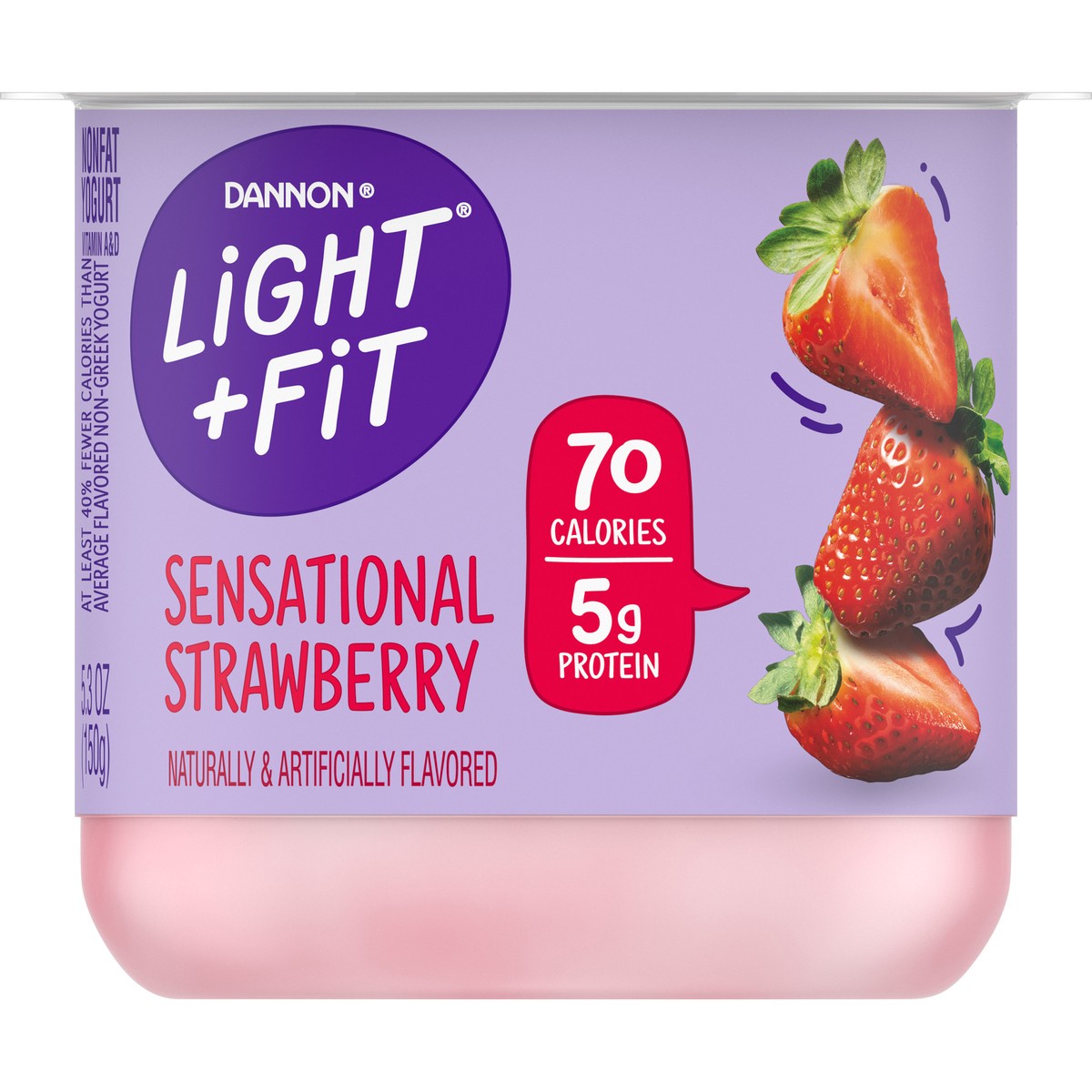 slide 4 of 7, Light + Fit Dannon Light + Fit Strawberry Original Nonfat Yogurt, 0 Fat and 70 Calories, Creamy and Delicious Strawberry Yogurt, 5.3 OZ Cup, 5.3 oz