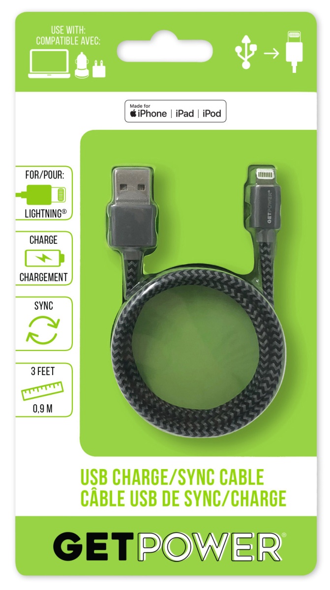 slide 1 of 1, Get Power Apple Lightning Charge Sync Braided Cable, 3 ft