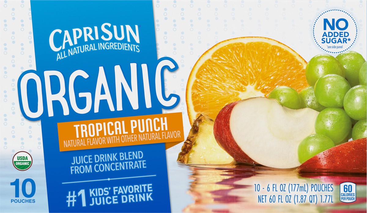 slide 8 of 9, Capri Sun Organic Tropical Punch Naturally Flavored Juice Drink Blend, 10 ct Box, 6 fl oz Pouches, 10 ct; 177 ml