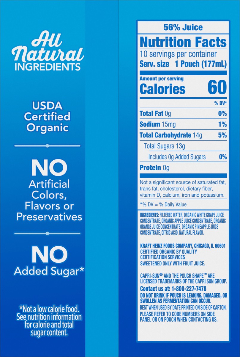 slide 4 of 9, Capri Sun Organic Tropical Punch Naturally Flavored Juice Drink Blend, 10 ct Box, 6 fl oz Pouches, 10 ct; 177 ml