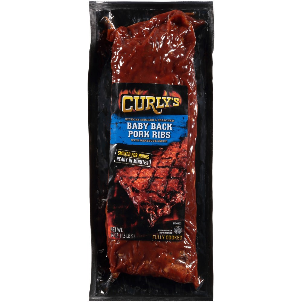 slide 1 of 5, Curly's Baby Back Pork Ribs With Bbq Sauce, 24 oz